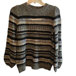 LOFT METALLIC PULLOVER SWEATER SIZE SMALL GREY BLACK SILVER STRIPED WOOL BLEND